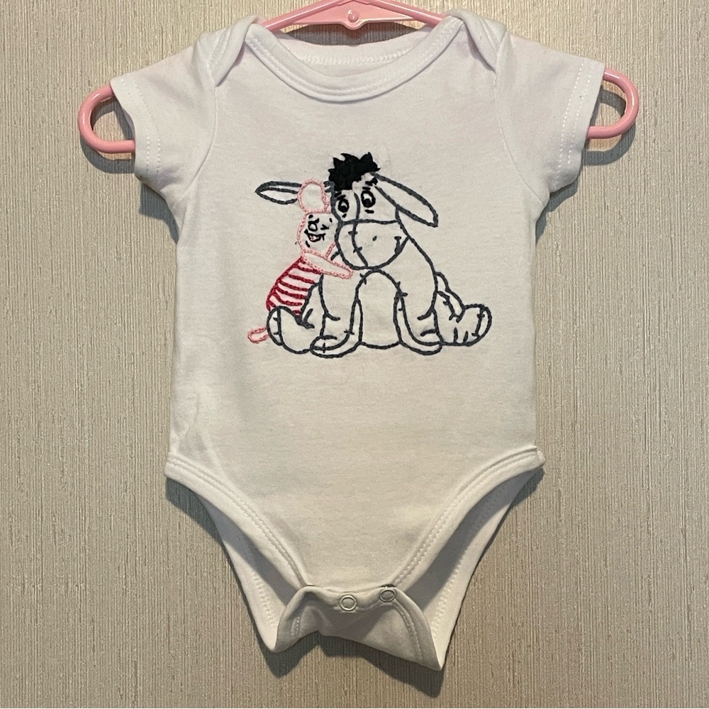 Kidgets White Onesie with Hand Embroidered Pooh Characters, Piglet & Eeyore